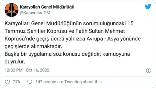 karayolları genel müdürlüğü boğaziçi köprüleri geçiş ücreti