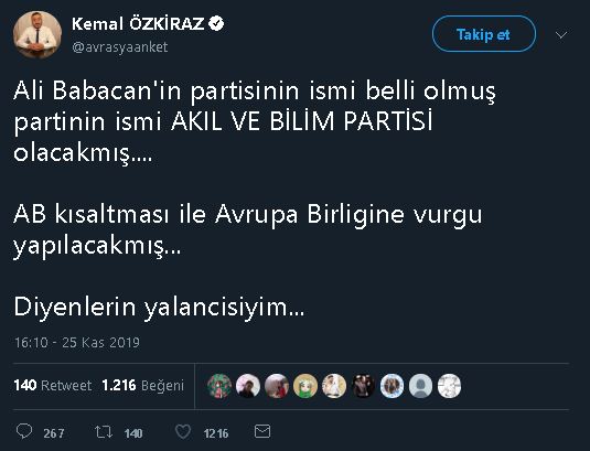 Kemal Özkiraz'ın Ali Babacan'ın yeni partisinin isminin Akıl ve Bilim Partisi olacağını öne sürdüğü ilk tweet