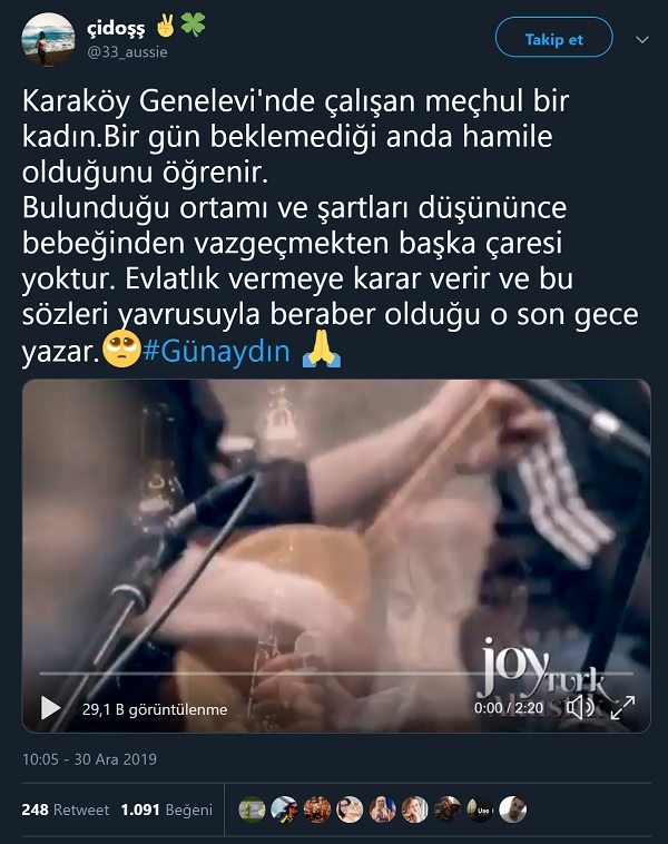 Kıyamam Sana şarkısının sözlerinin Karaköy Genelevinde çalışan meçhul bir kadın tarafından yazıldığı iddiasını içeren tweet