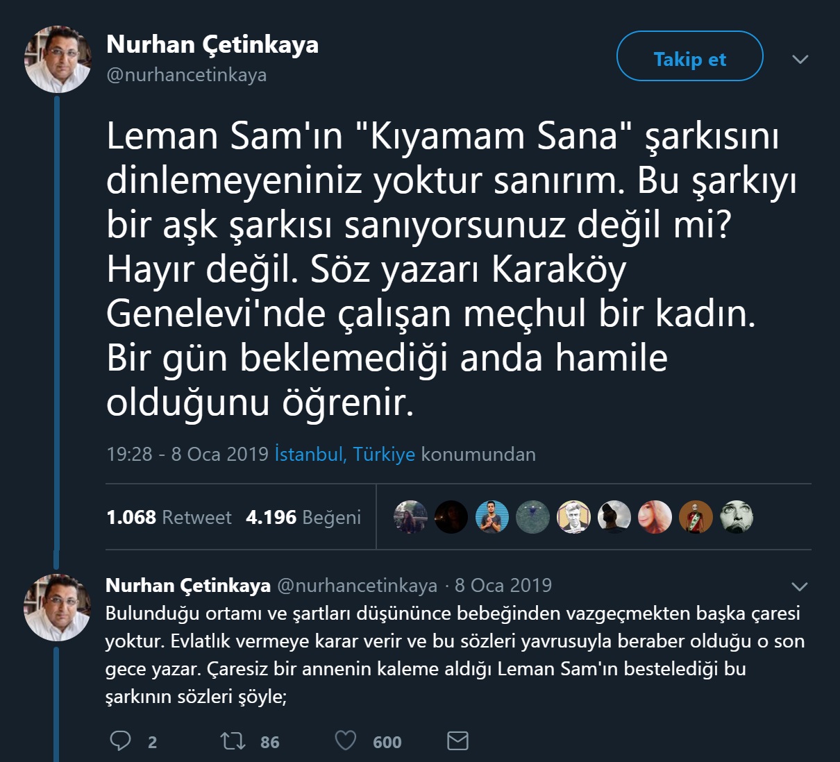 Kıyamam Sana şarkısının sözlerinin Karaköy Genelevinde çalışan meçhul bir kadın tarafından yazıldığı iddiasını içeren paylaşım