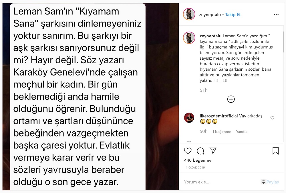 Zeynep Talu'nun Kıyamam Sana adlı şarkı sözlerinin kaynağına dair sosyal medya hesabından yaptığı açıklama