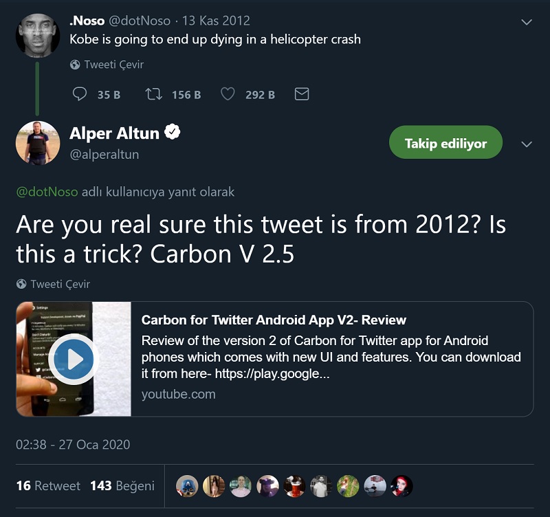 Kobe Bryant'ın helikopter kazasında öleceğini öne süren tweetin Carbon adlı yazılımla değiştirilmiş olabileceğini sorgulayan paylaşım