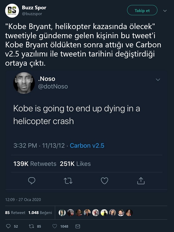 Kobe Bryant'ın helikopter kazasında öleceğini öne süren tweetin Carbon adlı yazılımla değiştirildiği iddiasını içeren paylaşım