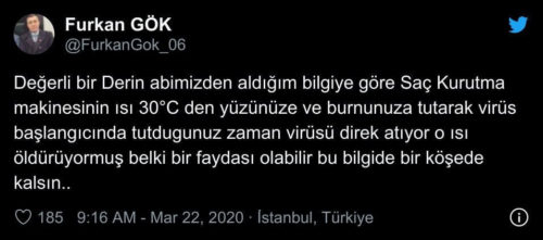 Furkan Gök'ün koronavirüsten saç kurutma makinesinin buruna tutulmasıyla kurtulunabileceğini aktaran ses kaydına ilişkin paylaşımı