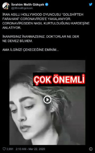 İ. Melih Gökçek'in Golshifteh Farahani'ye ait olduğu iddiasıyla paylaşılan koronavirüsten saç kurutma makinesinin buruna tutulmasıyla kurtulunabileceğini aktaran ses kaydına ilişkin paylaşımı