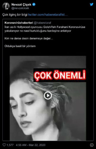 Nevzat Çiçek'in Golshifteh Farahani'ye ait olduğu iddiasıyla paylaşılan koronavirüsten saç kurutma makinesinin buruna tutulmasıyla kurtulunabileceğini aktaran ses kaydına ilişkin paylaşımı