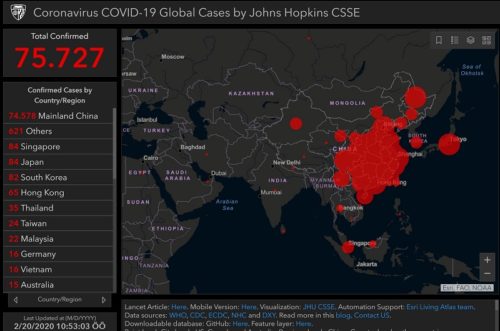 20 Şubat 2020 tarihi itibarıyla koronavirüs salgınının yayılım haritası