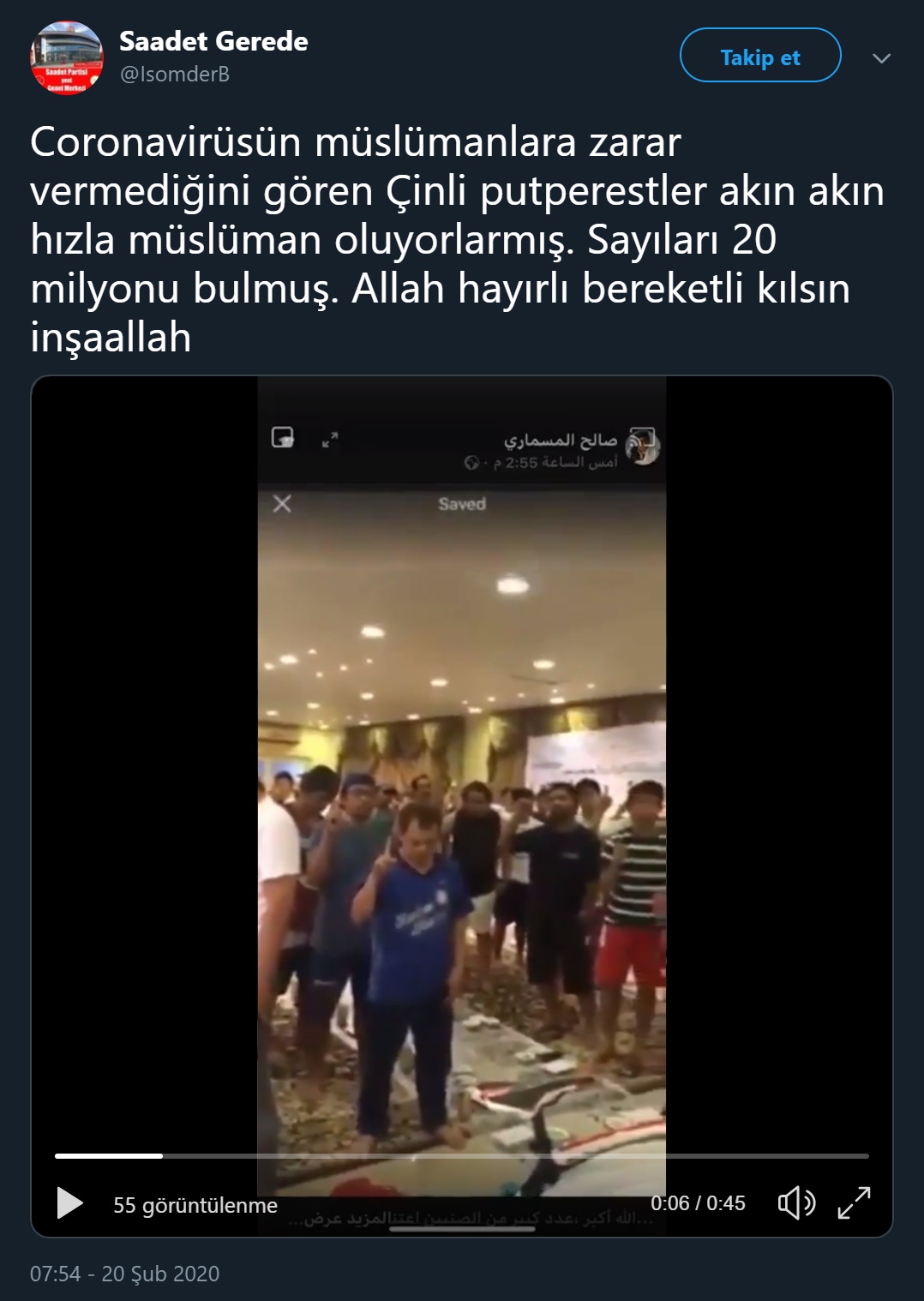 Çin'de koronavirüs salgınından sonra 20 milyon Çinlinin Müslüman olduğu iddiasını aktaran paylaşım