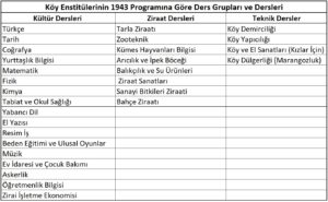 Köy Enstitülerinin 1943 Programına Göre Ders Grupları ve Dersleri