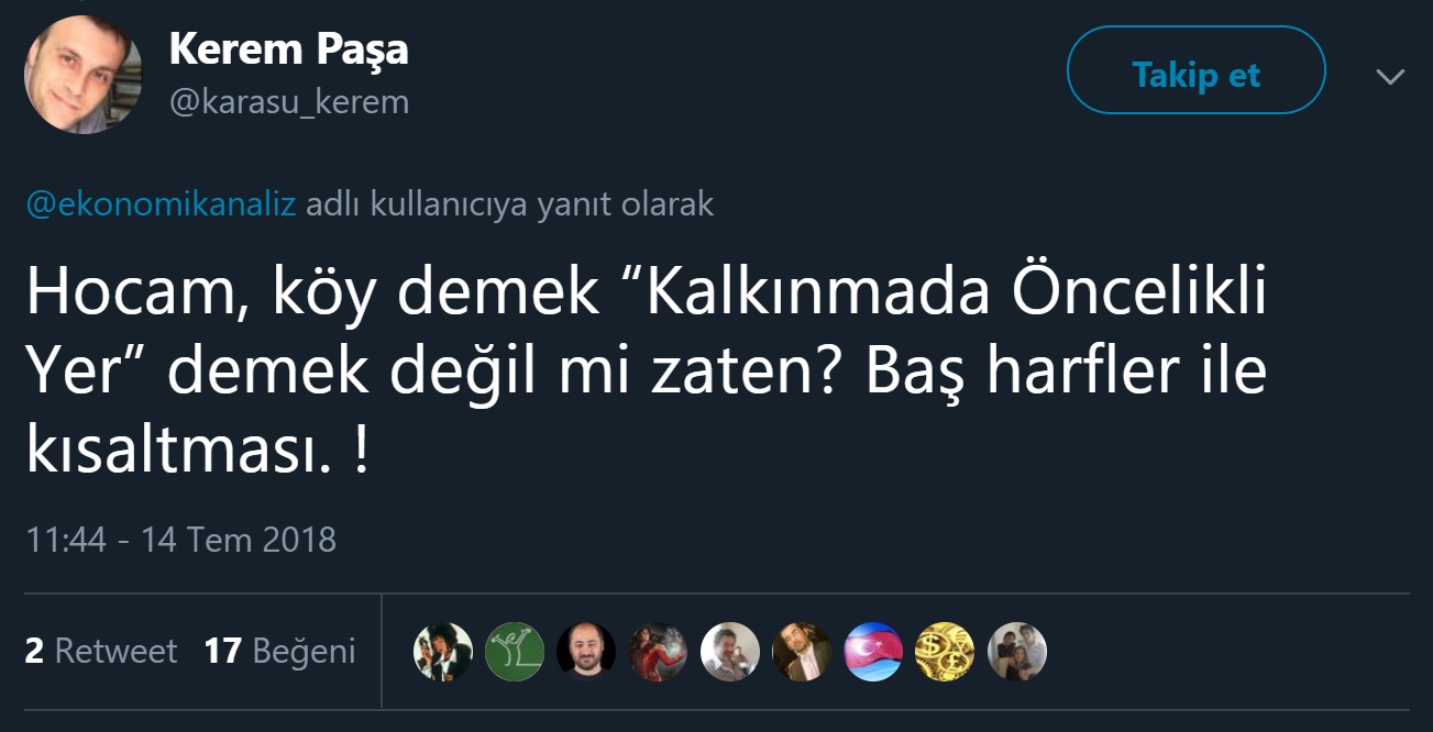 Köy kelimesinin "kalkınmada öncelikli yer" ifadesinin başharflerinden oluşturulduğunu öne süren tweet