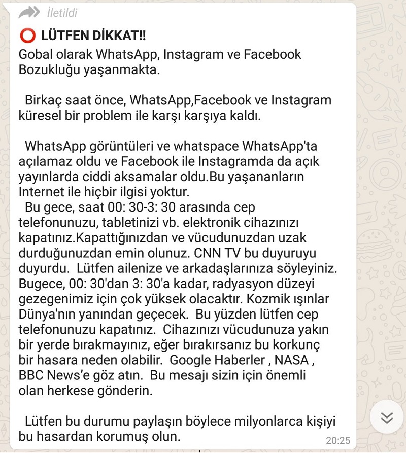 Zararlı kozmik ışınların dünyanın yakınından geçip kişisel elektronik aletlerimize zarar vereceğini öne süren gönderi