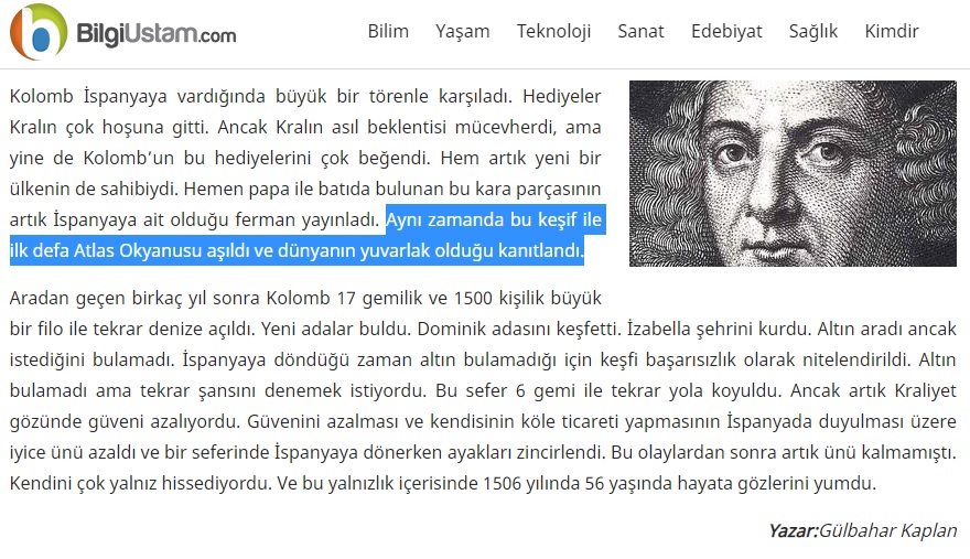 Kristof Kolomb'un Dünyanın Yuvarlak Olduğunu İspatladığını Öne Süren Yazıdan İlgili Bölüm