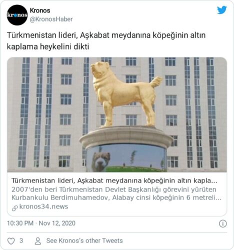 Türkmenistan köpek heykeli