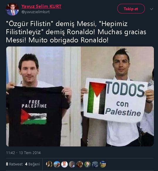 Christiano Ronaldo'nun ve Lionel Messi'nin Filistin'e destek mesajı içeren pankartla fotoğraf çektirdiğini iddia eden tweet