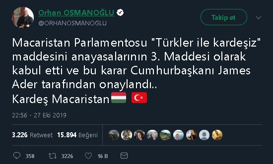 Macaristan Anayasasına "Türklerle Kardeşiz" maddesinin eklendiğini öne süren paylaşım