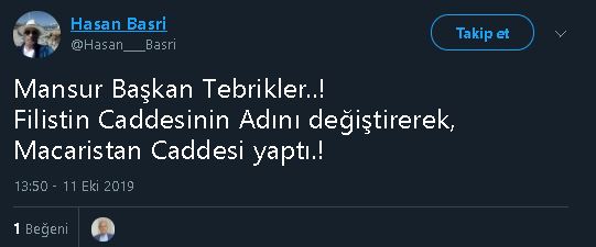 Mansur Yavaş'ın Ankara'daki Filistin Caddesi'nin ismini Macaristan Caddesi olarak değiştirdiğini öne süren ilk tweet