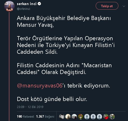 Serkan İnci'nin Mansur Yavaş'ın Ankara'daki Filistin Caddesi'nin ismini Macaristan Caddesi olarak değiştirdiğine dair iddiayı içeren paylaşımı