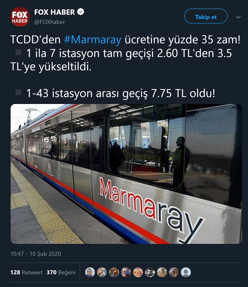 Marmaray'a yapılan zam kararının TCDD tarafından alındığını öne süren Fox TV haber paylaşımı