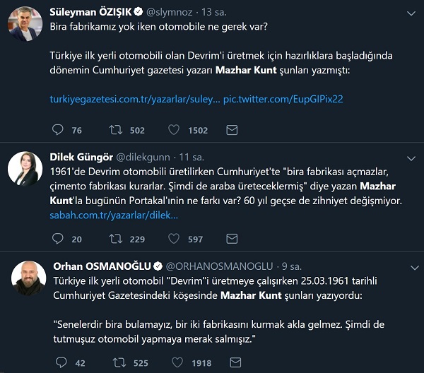 Mazhar Kunt'un devrim arabalarının yapımı sürecinde bira fabrikası ile otomobil fabrikasını kıyas ettiği iddiasını içeren paylaşımlar