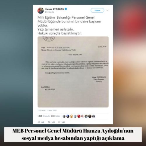 MEB Personel Genel Müdürü Hamza Aydoğdu sosyal medya hesabından yaptığı açıklama