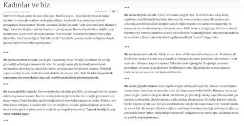 Mehmet Coşkundeniz'in Posta Gazetesinde 29 Ağustos 2010 tarihinde yayınlanan "Kadınlar ve biz" başlıklı yazısı