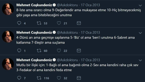 Mehmet Coşkundeniz'in 17 Ocak 2013 tarihinde sosyal medya hesabından yaptığı "Mutlu Bir İlişki İçin" tüyo paylaşımları