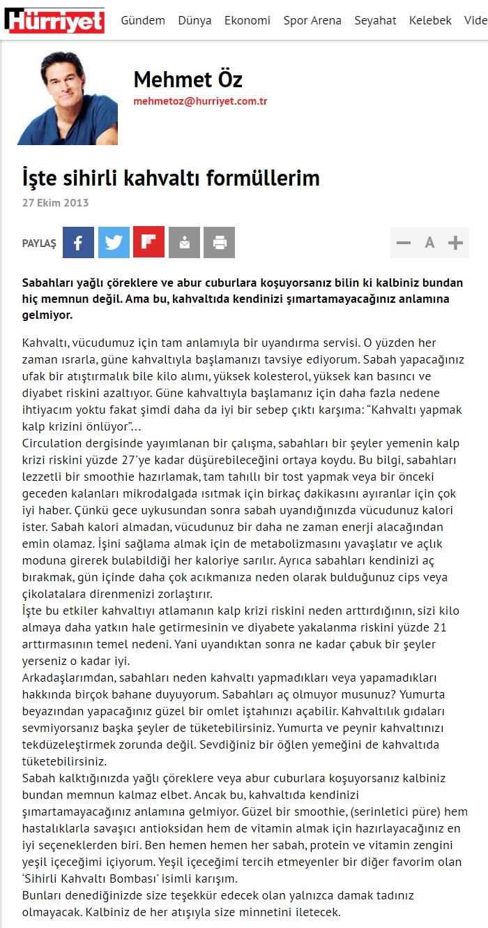 Mehmet Öz'ün Hürriyet'te yayınlanan "İşte sihirli kahvaltı formüllerim" başlıklı 27 Ekim 2013 tarihli yazısı