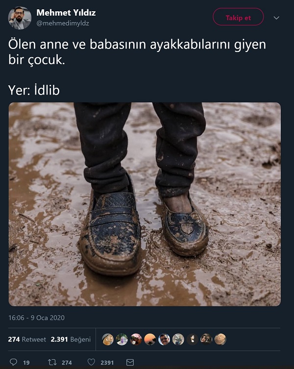 Mehmet Yıldız'ın fotoğrafın İdlib'te ölen anne ve babasının ayakkabılarını giyen bir çocuğa ait olduğunu öne sürdüğü paylaşımı