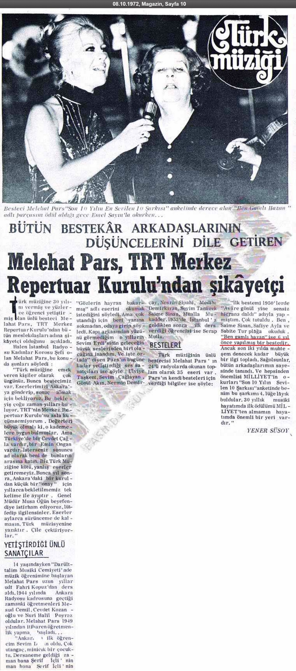 Milliyet Gazetesinin 8 Ekim 1972 tarihli "Melahat Pars TRT Merkez Repertuar Kurulu'ndan Şikâyetçi" başlıklı haber