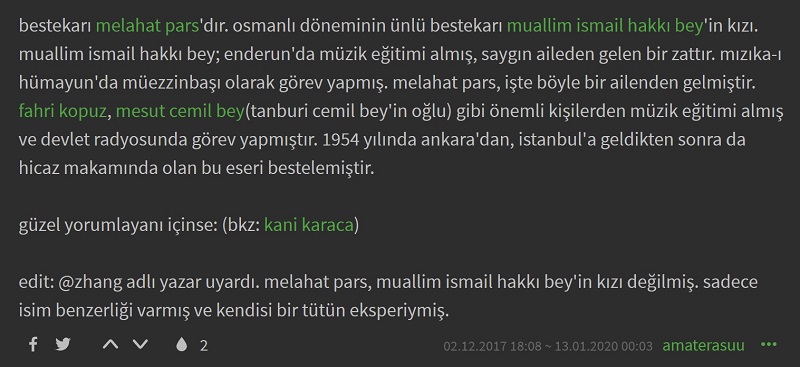 Melahat Pars'ın Muallim İsmail Hakkı Bey'in kızı olduğunu öne süren Ekşi Sözlük girdisi