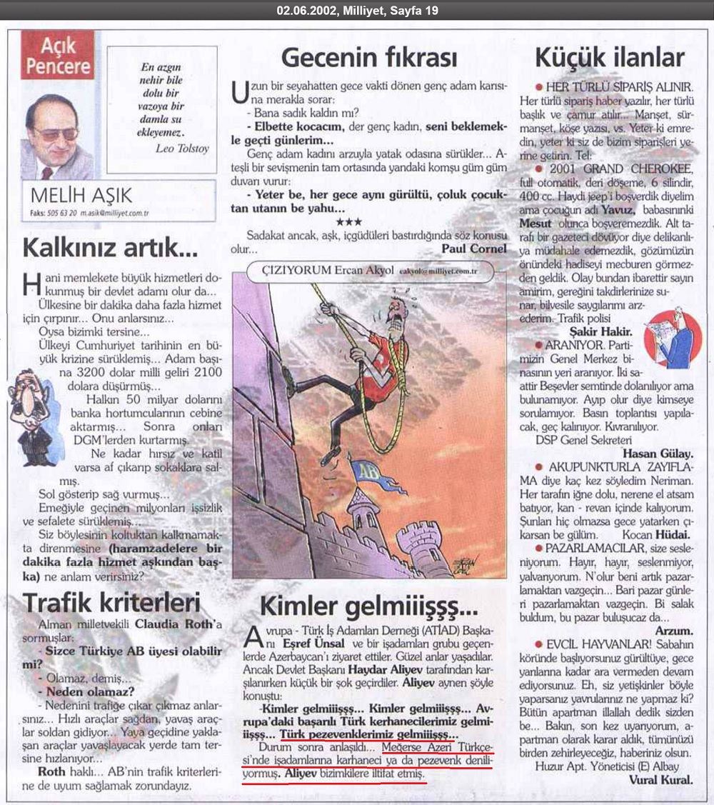 Melih Aşık'ın Milliyet Gazetesinde 2 Haziran 2002 tarihinde yayınlanan köşe yazısı