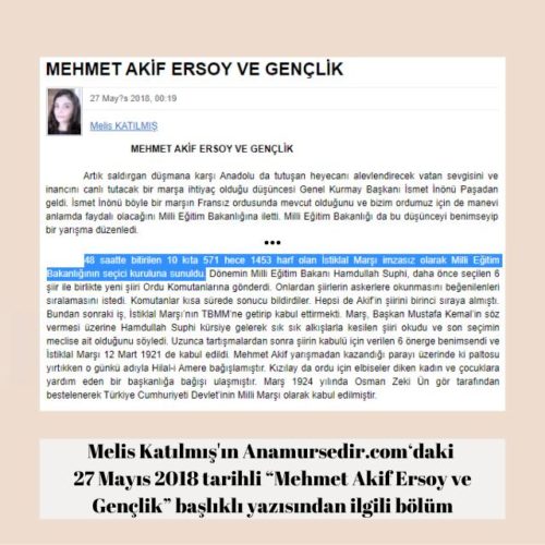 Melis Katılmış'ın Anamursedir.com'daki "Mehmet Akif Ersoy ve Gençlik" başlıklı 27 Mayıs 2018 tarihli yazısı