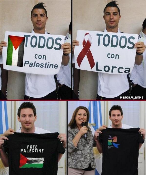 Christiano Ronaldo'nun ve Lionel Messi'nin Filistin'e destek mesajı içeren pankartla yer aldığı iddia edilen fotoğraflar ve asılları