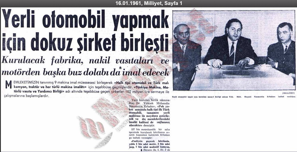 Milliyet Gazetesinin 16 Ocak 1961 tarihindeki "Yerli Otomobil Yapmak İçin Dokuz Şirket Birleşti" başlıklı haber küpürü