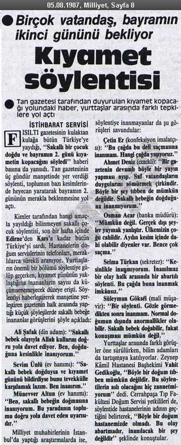 Milliyet Gazetesinde 5 Ağustos 1987 tarihinde yayınlanan sakallı bebek iddiası hakkındaki haber