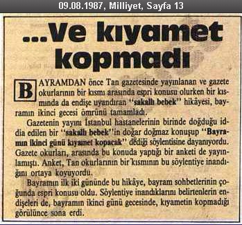 Milliyet Gazetesinin 9 Ağustos 1987 tarihli "Ve Kıyamet Kopmadı" başlıklı küpürü