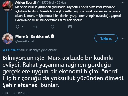 Mine G. Kırıkkanat'ın Karl Marx'ın Çocuklarının Yoksulluktan Ötürü Ölmediğini İddia Ettiği Paylaşımı