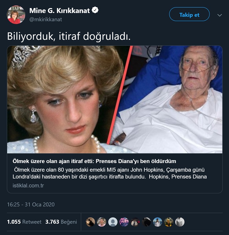 Mine G. Kırıkkanat'ın MI5 ajanı John Hopkins'in Prenses Diana'yı öldürdüğünü itiraf ettiği iddiasını içeren tweeti