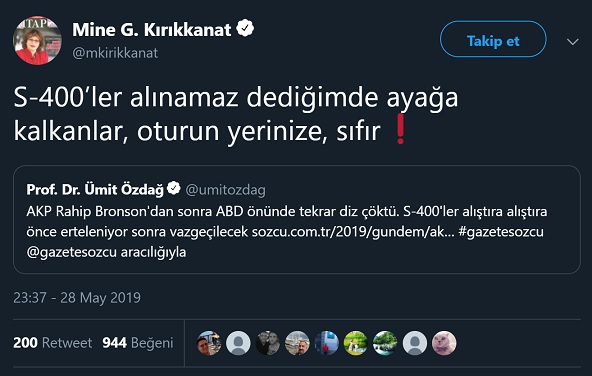 Mine Kırıkkanat'ın S-400 sisteminin alınmayacağını öne sürdüğü paylaşımı