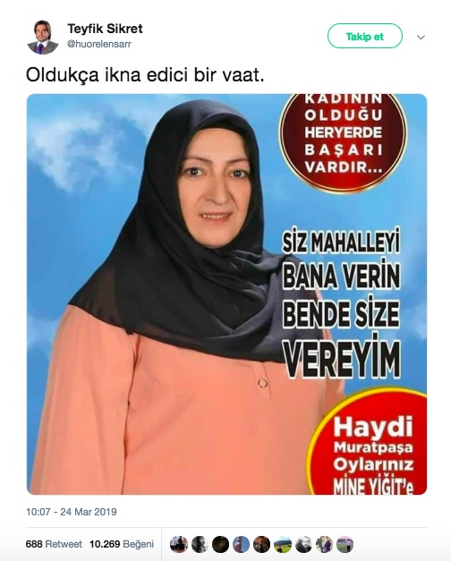 Erzurum’dan Muratpaşa Mahallesi muhtar adayı Mine Yiğit'e ait seçim büroşüründe “siz mahalleyi bana verin ben de size vereyim” yazdığı iddiasını içeren paylaşım