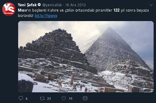 Yeni Şafak Gazetesinin Mısır'a 122 Yıl Sonra Kar Yağdığına İlişkin Haberini İçeren Tweeti