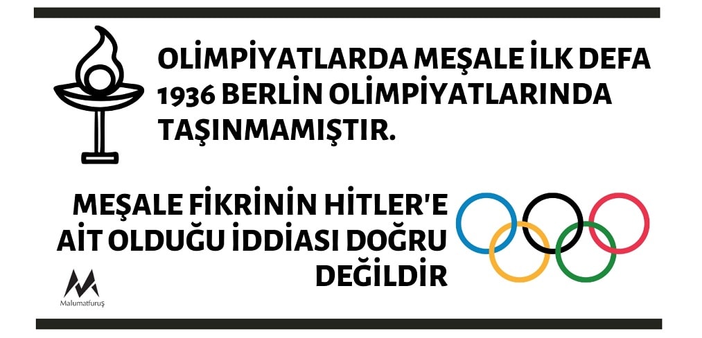 Olimpiyatlarda Meşale İlk Defa 1936 Berlin Olimpiyatlarında Taşınmamıştır. Bu Fikrin Adolf Hitler'e Ait Olduğu İddiası Doğru Değildir