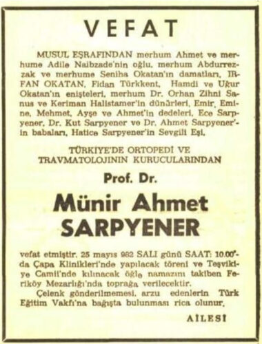 munir ahmet sarpyener vefat