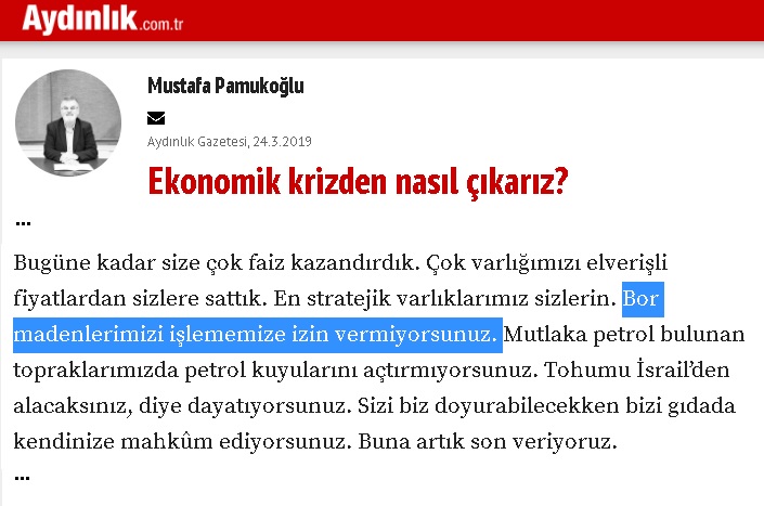 Mustafa Pamukoğlu'nun Aydınlık Gazetesinde yayınlanan bor madenlerini işletmemize izin verilmediğini öne sürdüğü köşe yazısı