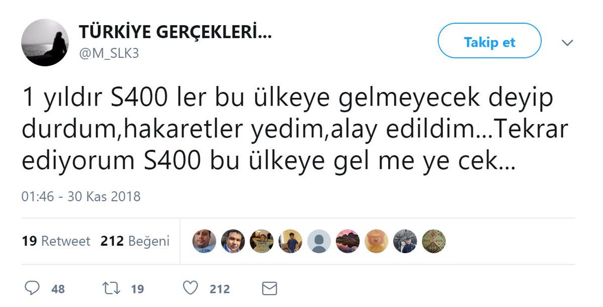 Twitter'da Türkiye Gerçekleri mahlasıyla yazan Mustafa Selanik'in S400'lerin Türkiyeye gelmeyeceği iddiasını içeren tweeti