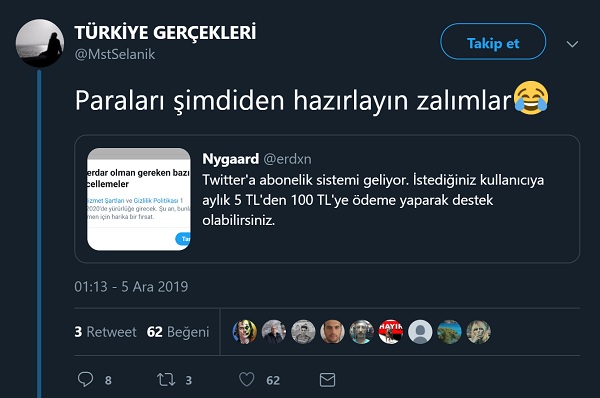 Mustafa Selanik adlı Twitter kullanıcısının Twitter'a abonelik sisteminin geleceğini sandığı tweeti