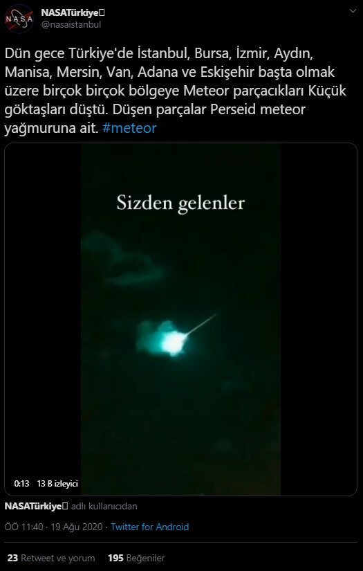 Meteor düşüşüne dair video kaydını İzmir'de çekildiği iddiasıyla aktaran olağan şüpheli profilin sosyal medya paylaşımı
