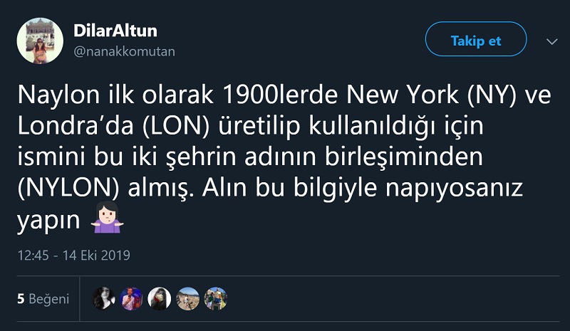 Naylon / Nylon kumaşın adını New York ve Londra'nın ilk hecelerinden aldığı iddiasını içeren paylaşım