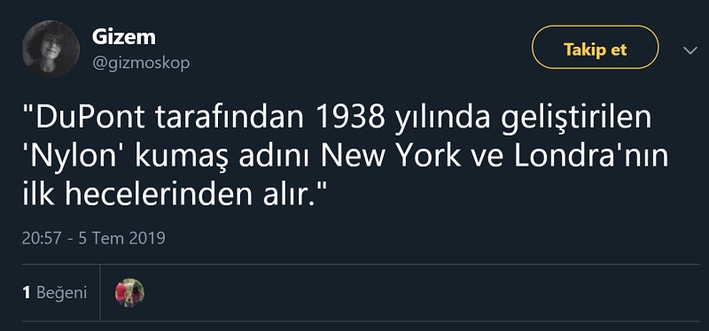 Naylon / Nylon kumaşın kökeninin New York ve Londra'nın ilk hecelerine dayandığı iddiasını içeren paylaşım