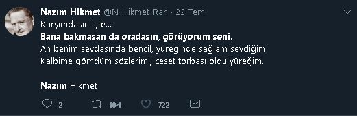 "Karşımdasın İşte, Bana Bakmasan Da Oradasın, Görüyorum Seni" Dizeleriyle Başlayan Şiirin Nâzım Hikmet'e Ait Olduğunu İddia Eden Paylaşım